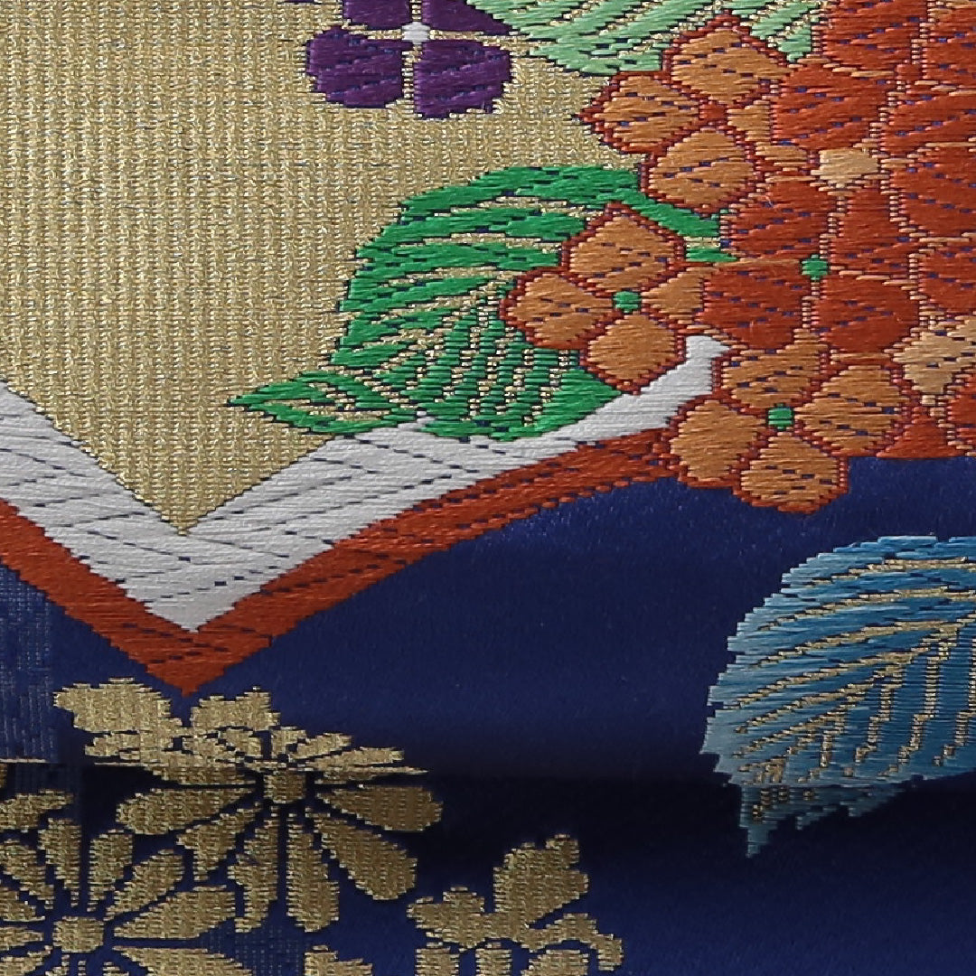 新古品 袋帯 帯丈432cm フォーマル 六通 Nランク 正絹 唐織 扇 紫陽花 しつけ糸 朱系 1223-02081