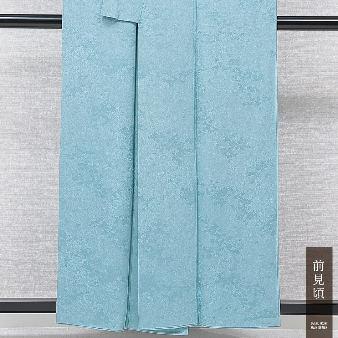 色無地 袷 身丈157cm 裄丈64cm 正絹 Bランク Mサイズ 広衿 一つ紋（橘） セミフォーマル 紋意匠 紅葉 無地 水色系 1214-15670