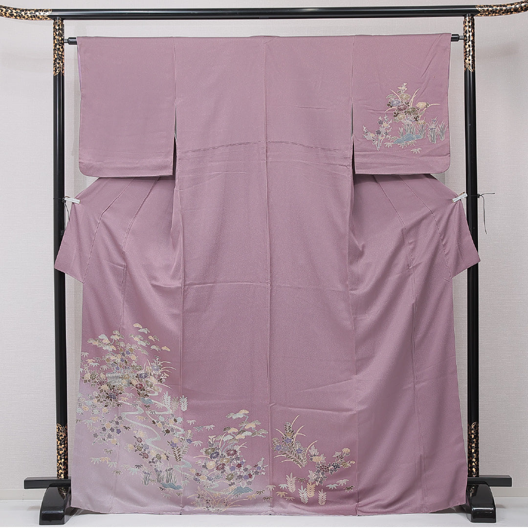 訪問着 袷 身丈172cm 裄丈63cm 正絹 Cランク セミフォーマル バチ衿 2XLサイズ 菊 笠松 紫系 HP 1217-15195