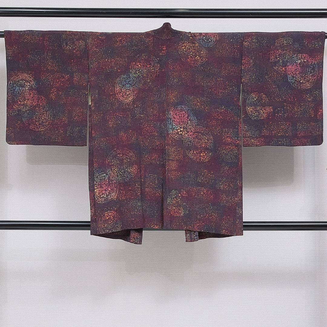羽織 袷 身丈83cm 裄丈64cm 正絹 Sランク カジュアル Mサイズ 紐あり 丸文 茶系 M4 1232-16187