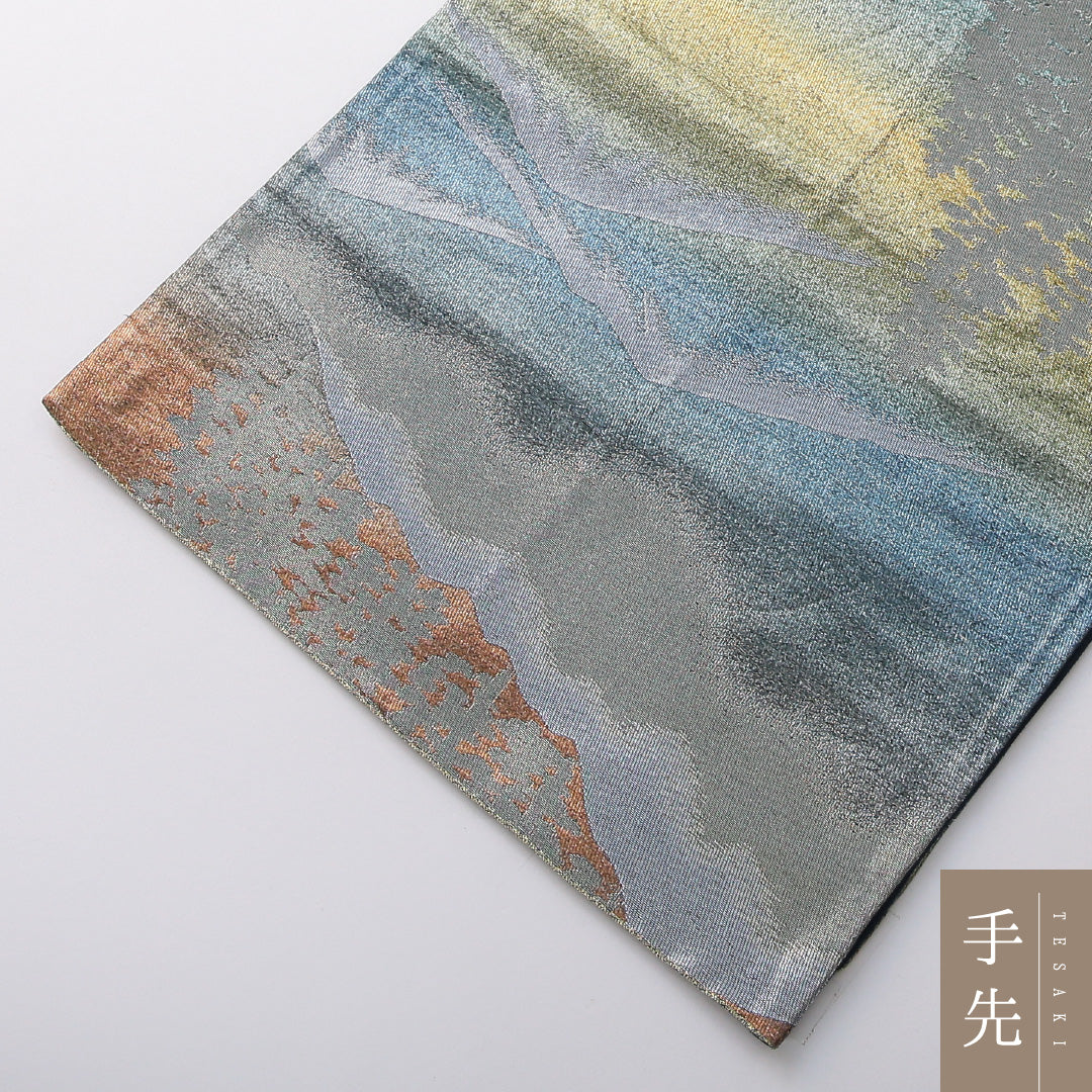 袋帯 帯丈408cm セミフォーマル 六通 帯芯なし Sランク 正絹 引箔 木立 山 紺系 銀系 1223-02074