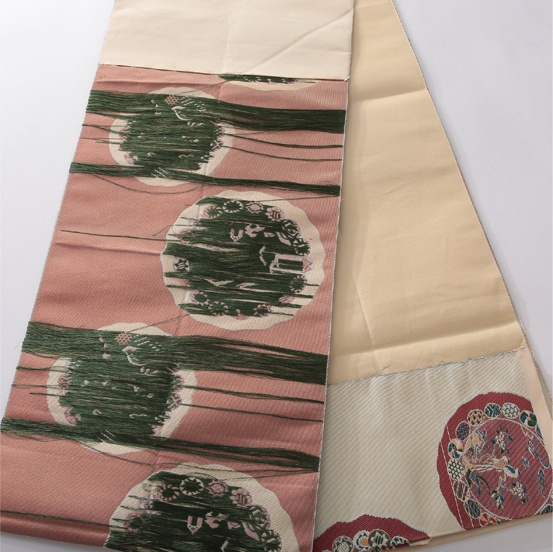 八寸名古屋帯 帯丈364cm カジュアル 松葉仕立て 六通 Cランク 正絹 丸文 クリーム系 1224-03835