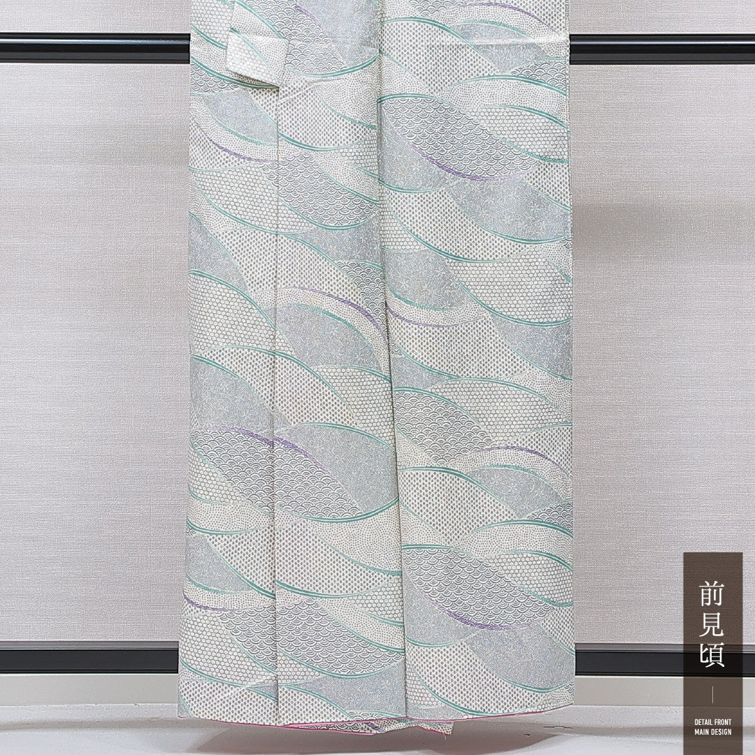 小紋 洗える着物 袷 身丈158cm 裄丈66cm ポリエステル Cランク Mサイズ バチ衿 インフォーマル 吉祥文様 グレー系 1215-15785