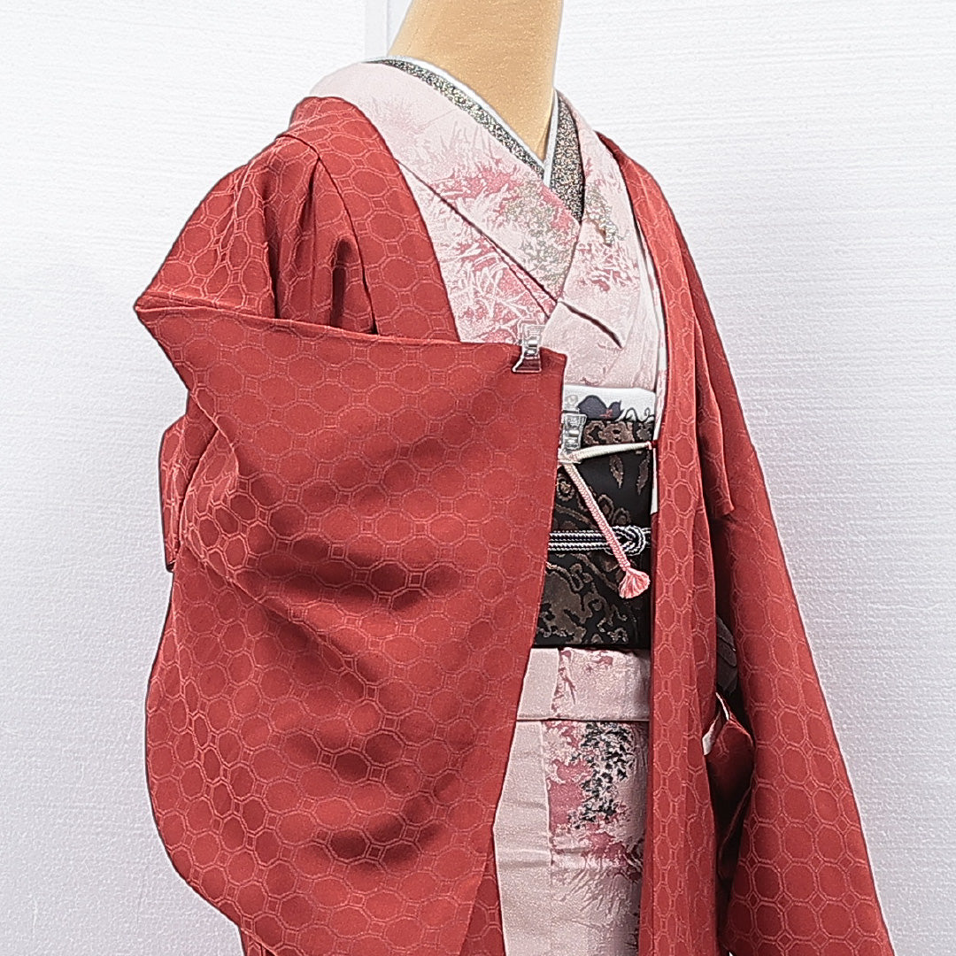 羽織 袷 身丈79cm 裄丈64cm 正絹 Aランク 紋意匠 (蜀江) カジュアル Mサイズ 茶系 HP 1232-15325