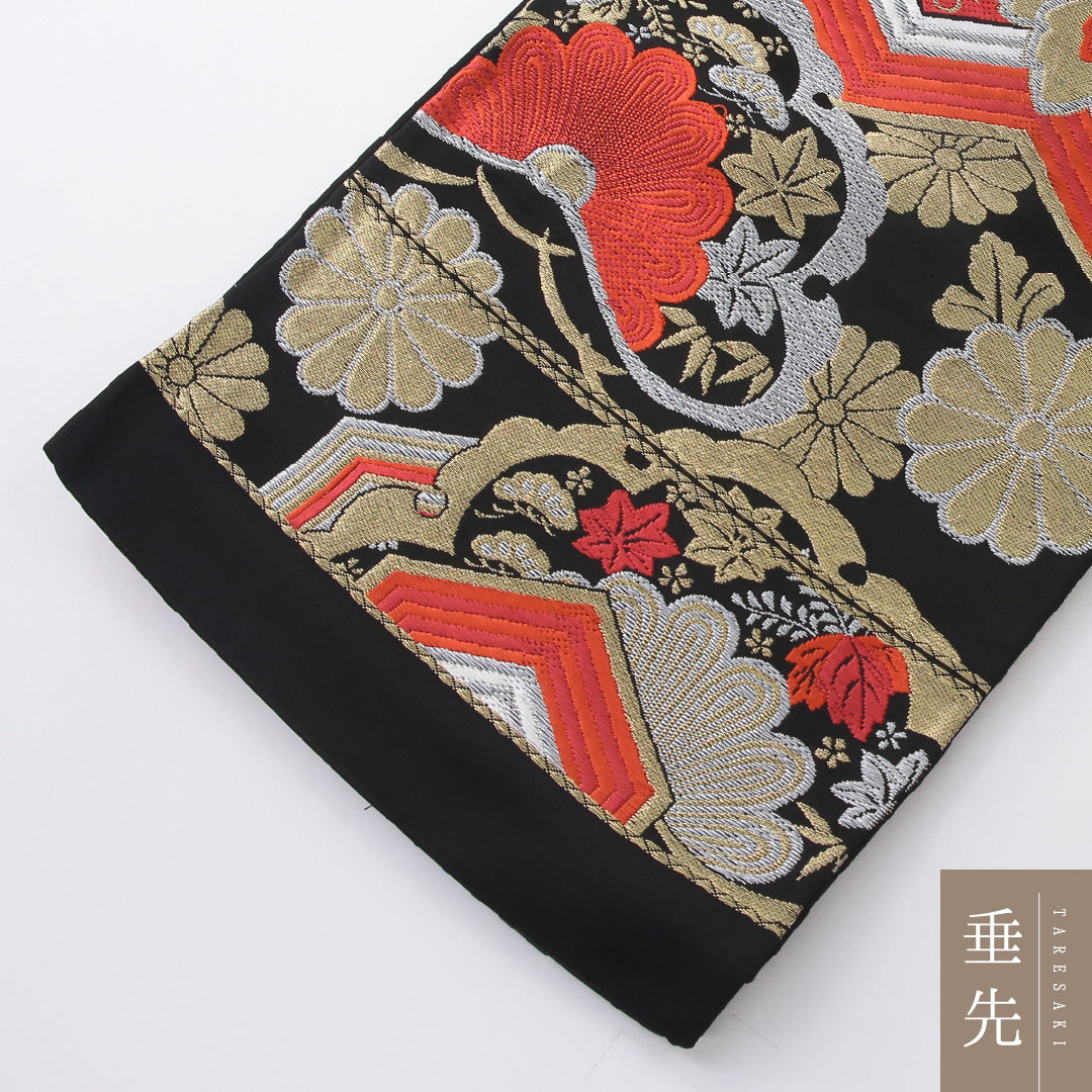 袋帯 帯丈414cm フォーマル 六通 未仕立て 帯芯なし Aランク 正絹 毘沙門亀甲 菊 黒系 1223-02229