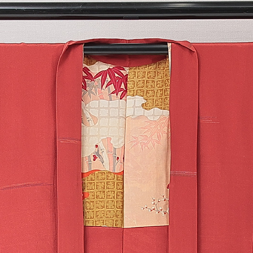 アンティーク 羽織（お召） 袷 身丈89cm 裄丈61cm 正絹 Aランク Sサイズ 一つ紋（五三桐） 道長取り 朱系 1217-15263