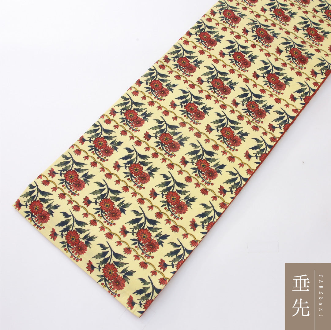 九寸名古屋帯 Cランク 帯丈378cm 正絹 全通 開き仕立て 染め カジュアル 紬 花柄 黄系 RP 1245-04139