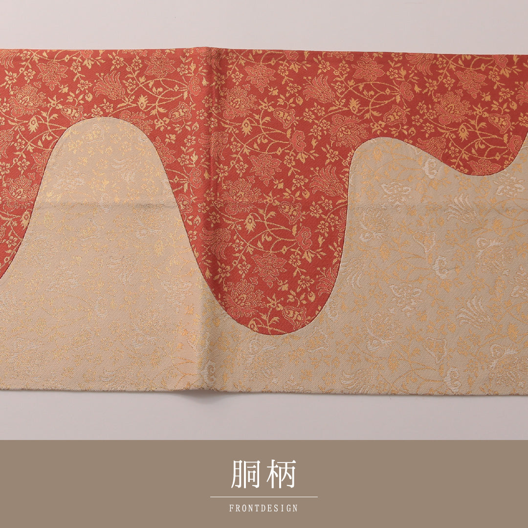 袋帯 帯丈448cm セミフォーマル ポイント柄 未仕立て 帯芯なし Aランク 正絹 唐草 クリーム系 朱系 1223-01888