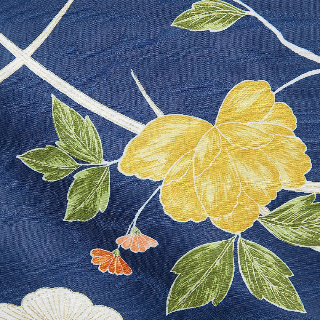 小紋 洗える着物 袷 身丈156cm 裄丈63cm ポリエステル Bランク Mサイズ 広衿 インフォーマル 牡丹 青系 1215-15802