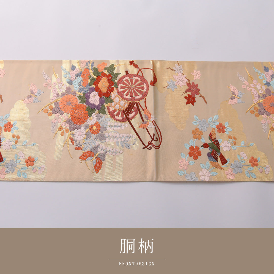 袋帯 帯丈432cm 正絹 六通 フォーマル 御所車 クリーム系 金系 1243-01938