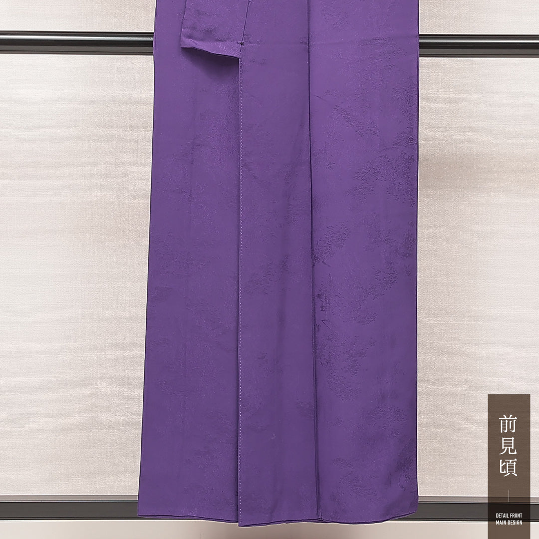 色無地 袷 身丈153cm 裄丈62cm 正絹 Aランク Sサイズ 広衿 一つ紋（丸に梅鉢） セミフォーマル 紋意匠 風景 紫系 1214-16901