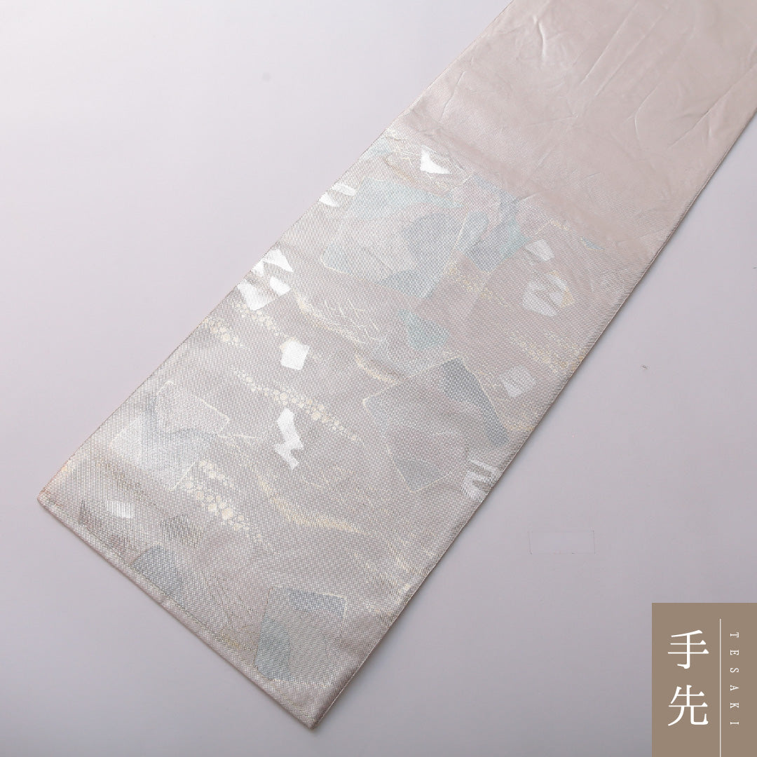 袋帯 帯丈444cm フォーマル 六通 Aランク 正絹 創作柄 銀系 ピンク系 1223-01975