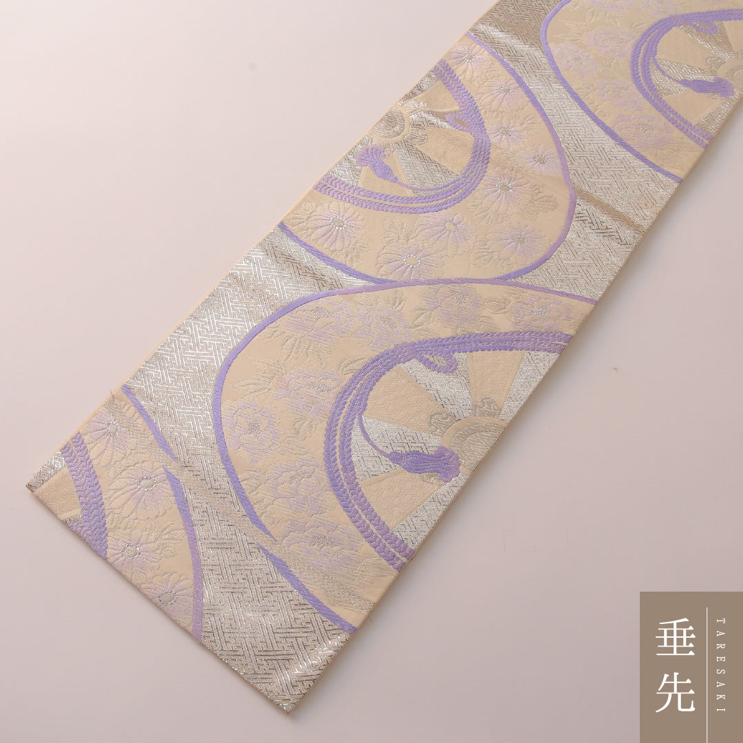 袋帯 帯丈428cm フォーマル 六通 Cランク 正絹 組紐 紗綾型 白系 銀系 1223-01901