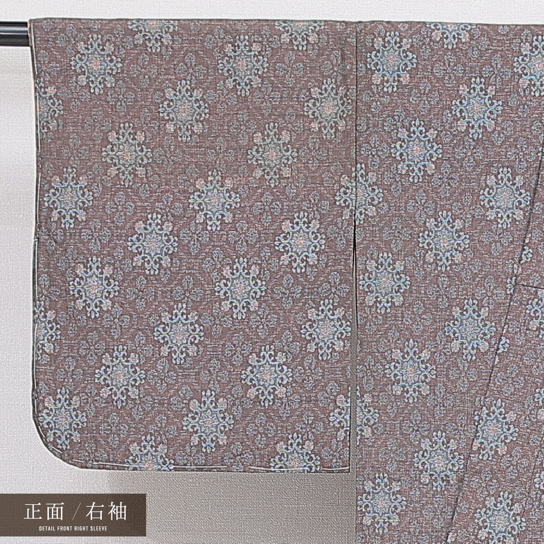 アンティーク 紬 袷 身丈150cm 裄丈61cm 正絹 Dランク バチ衿 Sサイズ アラベスク文様 茶系 RP 1223-16424