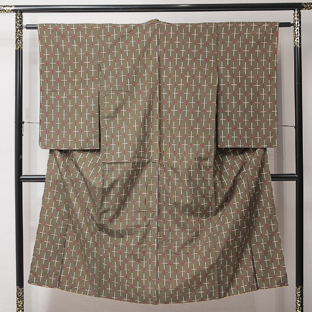 紬 袷 身丈145cm 裄丈60cm 正絹 Bランク XSサイズ バチ衿 カジュアル 格子 緑系 1216-15234