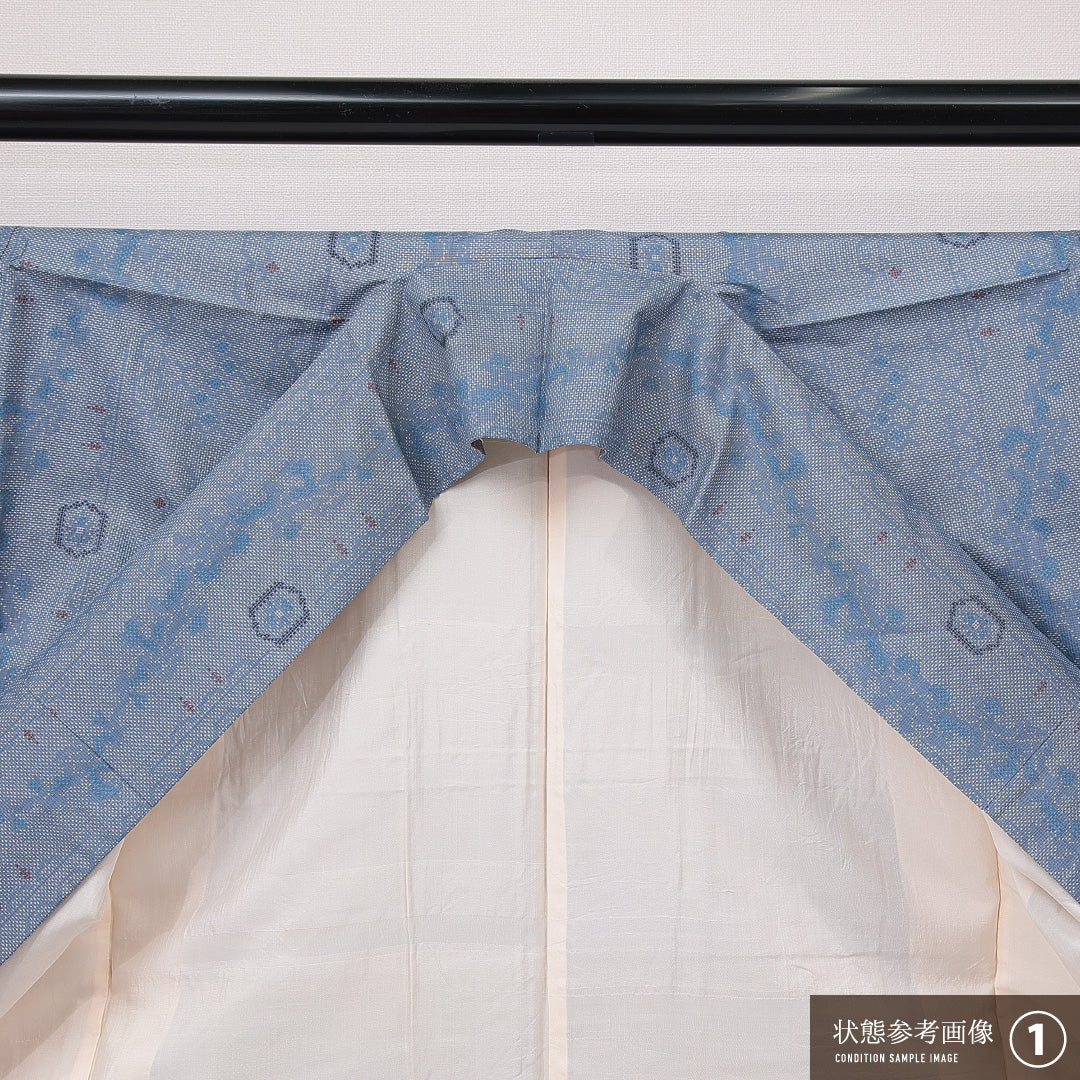 大島紬 袷 身丈157cm 裄丈62cm 正絹 Bランク インフォーマル 広衿 Mサイズ 花柄 水色系 RP 1223-15031