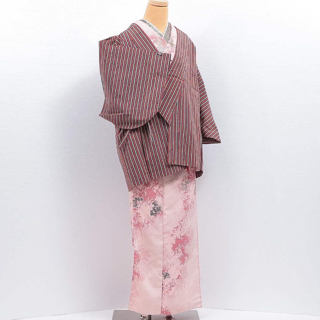 洗える着物 道中着 袷 身丈77cm 裄丈62cm ポリエステル Sランク セミフォーマル Sサイズ 縞 茶系 RP 1236-16451