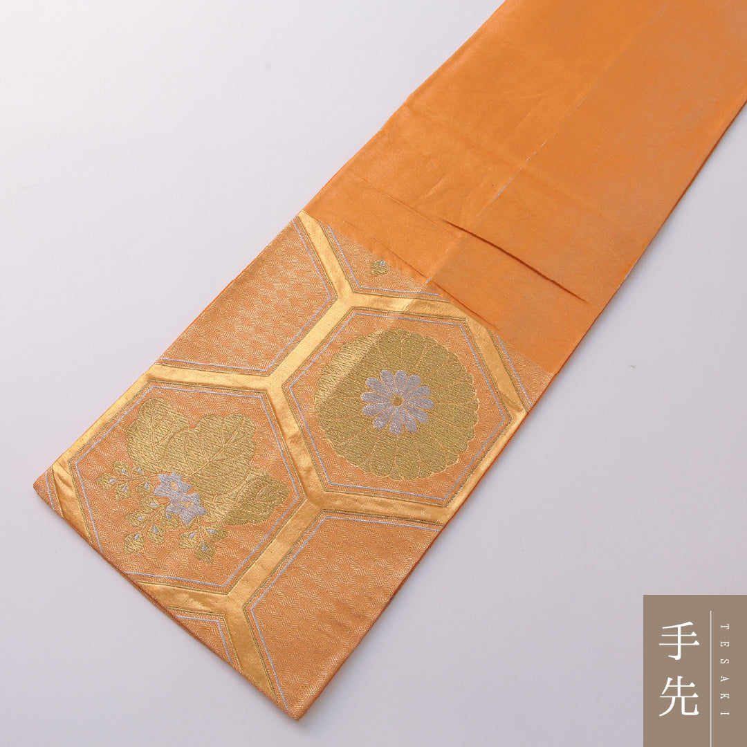 袋帯 帯丈404cm 正絹 六通 帯芯なし フォーマル 亀甲 菊 桐 吉祥文様 朱系 金系 1243-01925