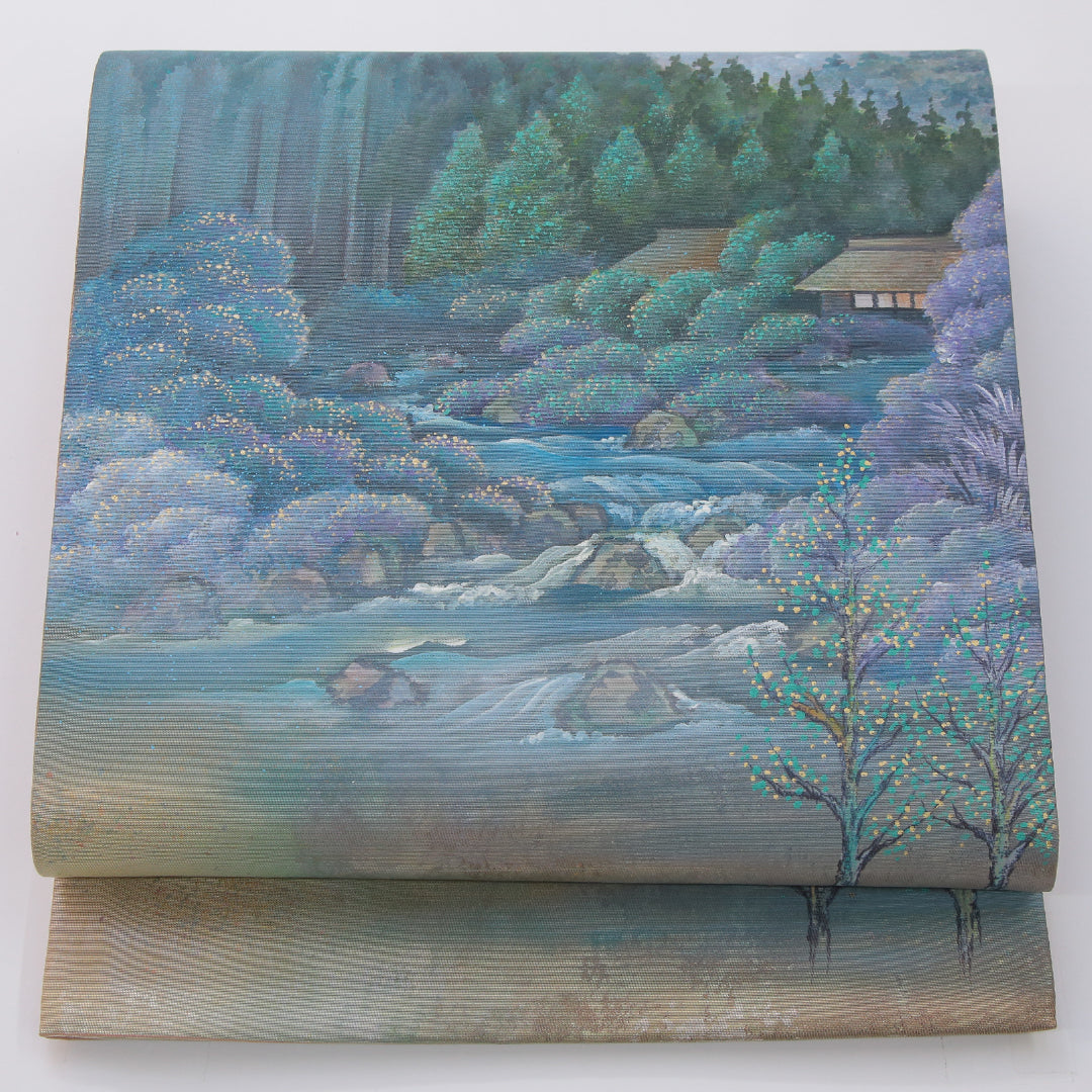 袋帯 帯丈432cm 大原の里 セミフォーマル ポイント柄 Sランク 正絹 風景柄 作家物 落款 金系 1223-02328