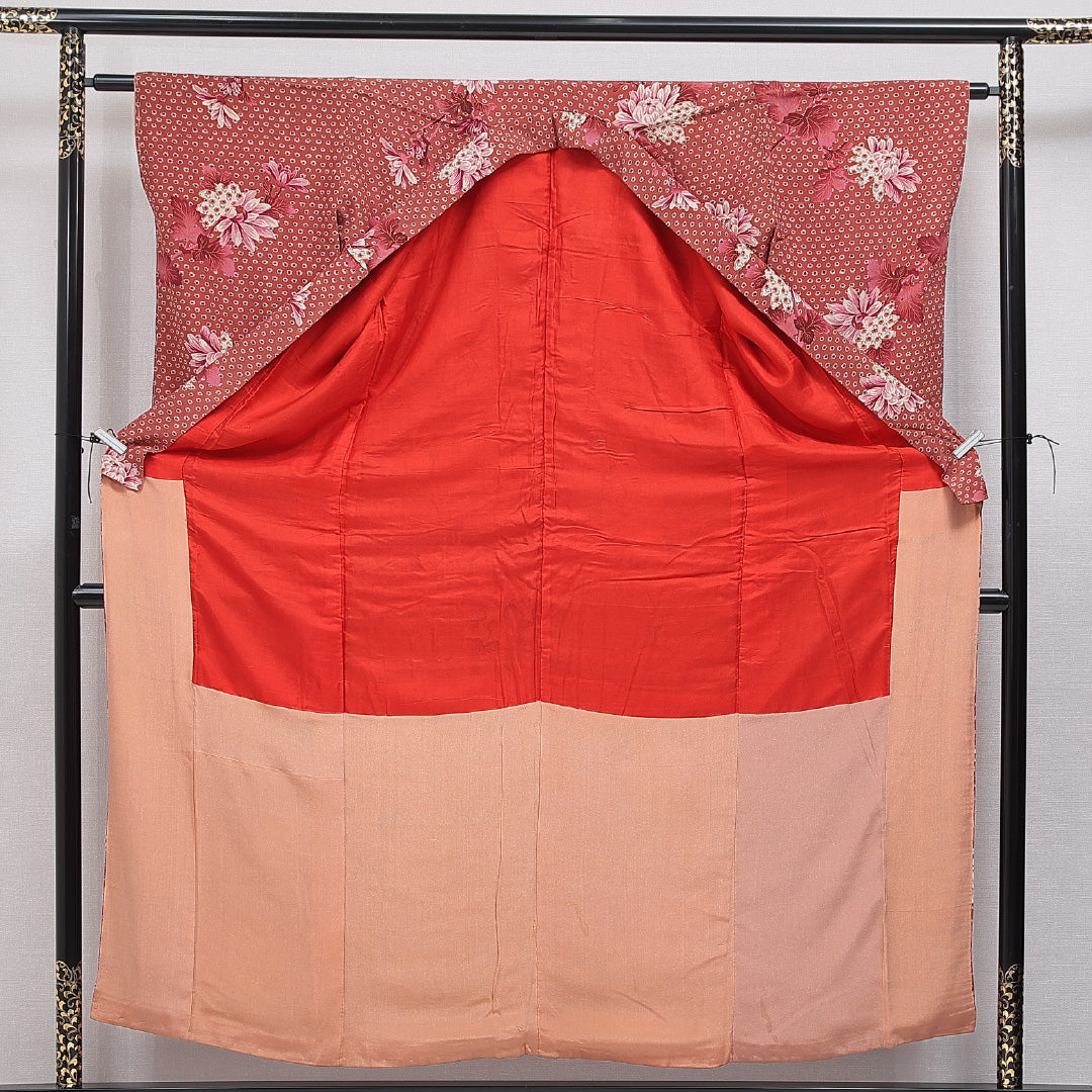 アンティーク 小紋 袷 身丈153cm 裄丈62cm 正絹 Aランク バチ衿 Sサイズ 菊 朱系 M4 1221-15965