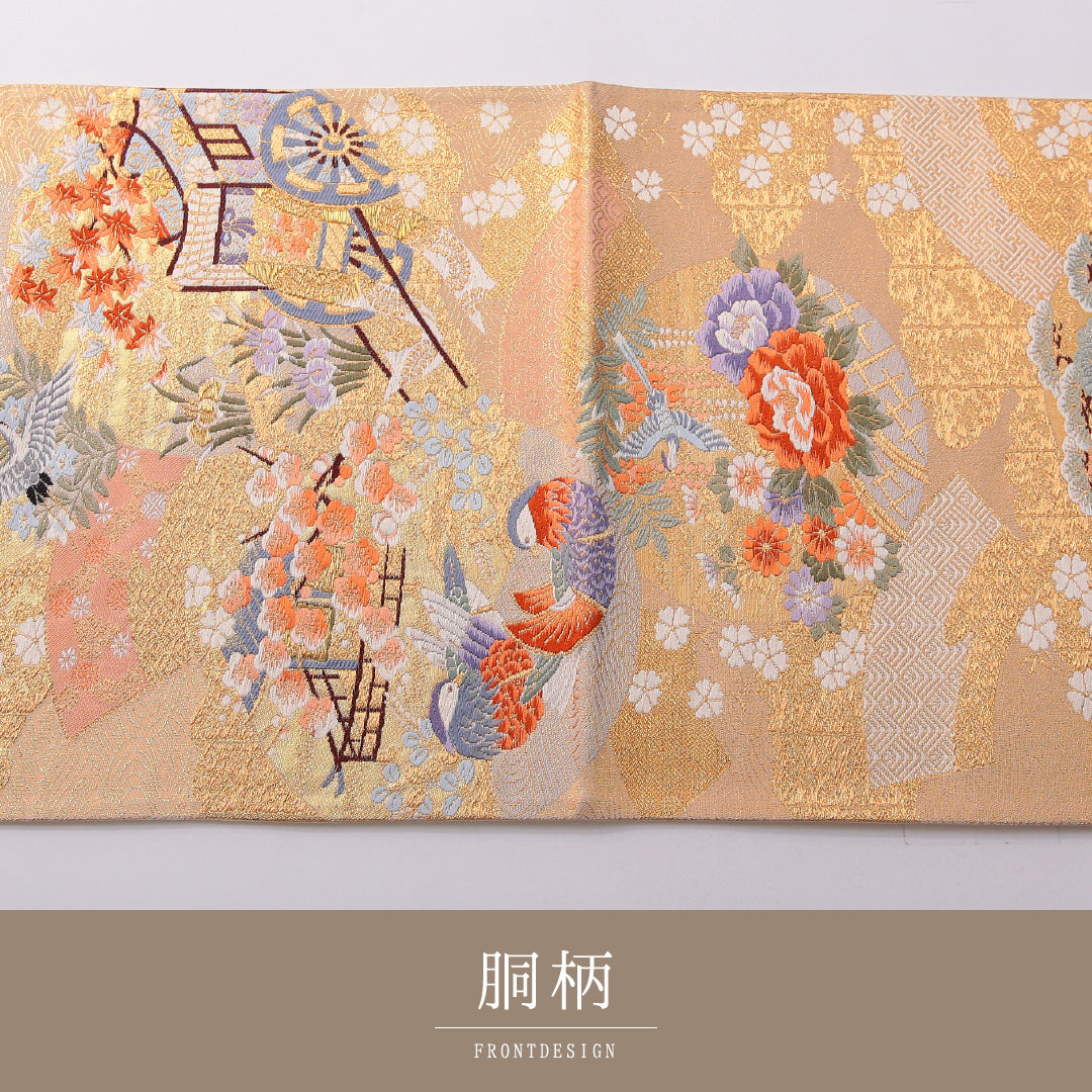 袋帯 帯丈426cm フォーマル 六通 Sランク 正絹 花車 金系 1223-01979