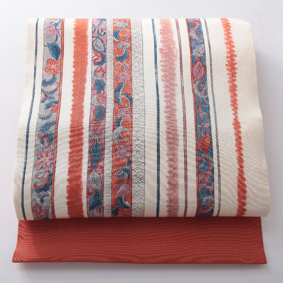 九寸名古屋帯 帯丈370cm インフォーマル 名古屋仕立て 全通 Cランク 正絹 染め帯 ちりめん 更紗 花柄 植物柄 クリーム系 1224-03907