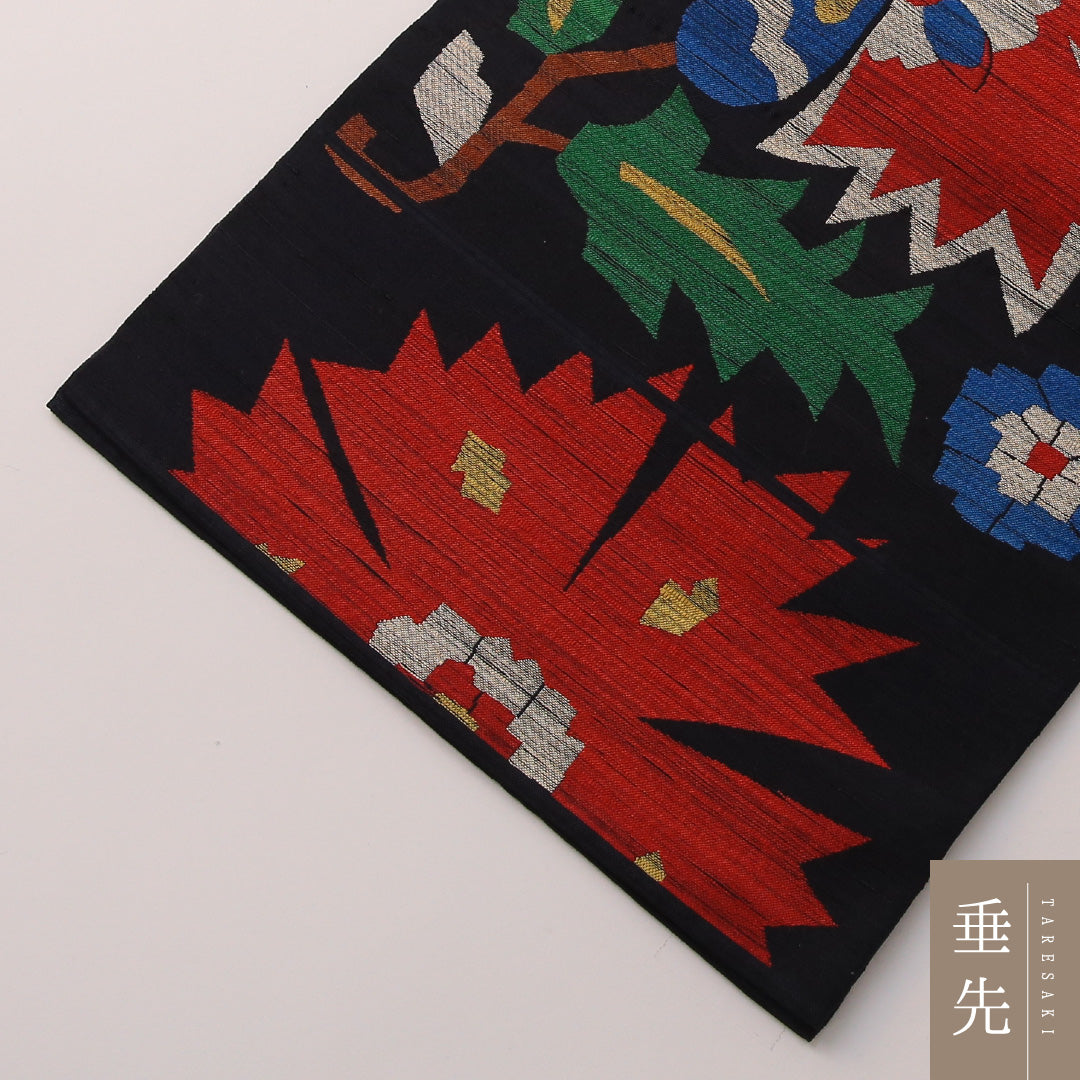 袋帯 帯丈424cm カジュアル 六通 帯芯なし Sランク 正絹 花柄 紺系 1223-01906