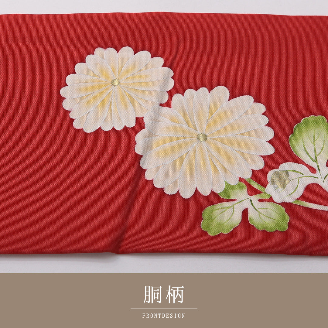 九寸名古屋帯 帯丈358cm セミフォーマル 名古屋仕立て ポイント柄 Aランク 正絹 染め帯 塩瀬 菊 赤系 1224-03514