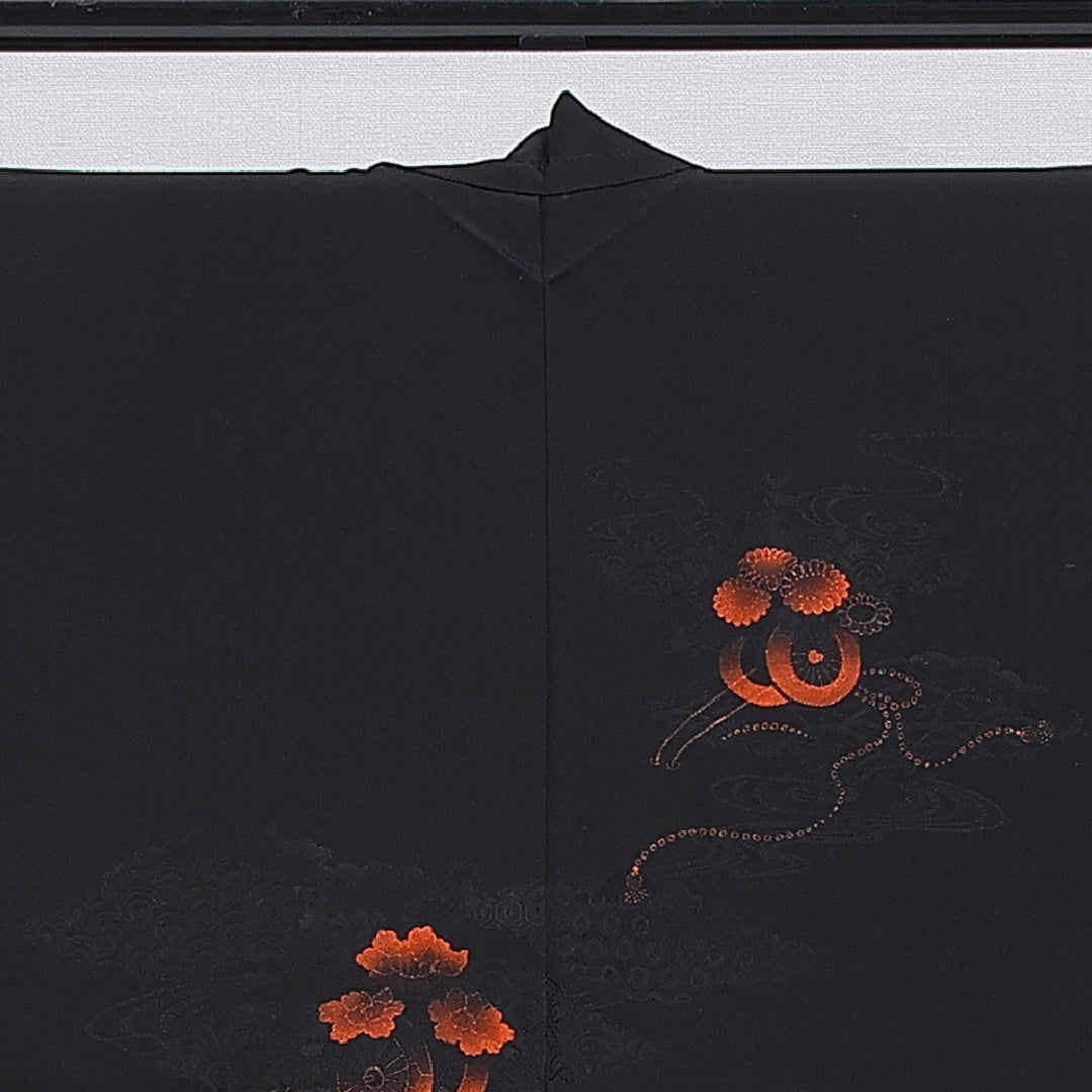 黒羽織 袷 身丈80cm 裄丈63cm 正絹 Aランク Sサイズ インフォーマル 紐あり 花車 絵羽羽織 黒系 1217-16154