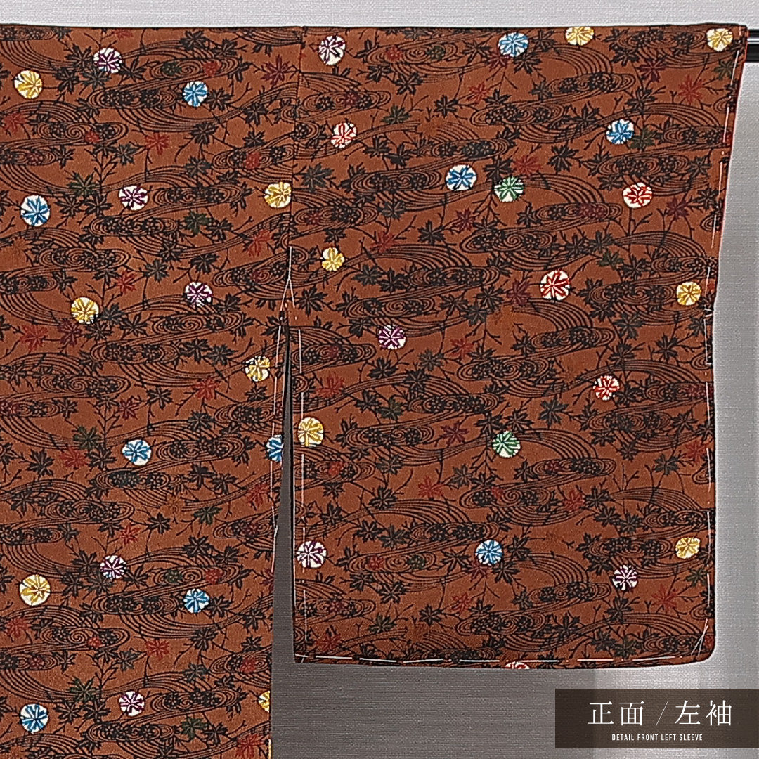 小紋 袷 身丈162cm 裄丈66cm 正絹 Sランク インフォーマル 広衿 Lサイズ しつけ糸 流水 紅葉 茶系 RP 1221-15468