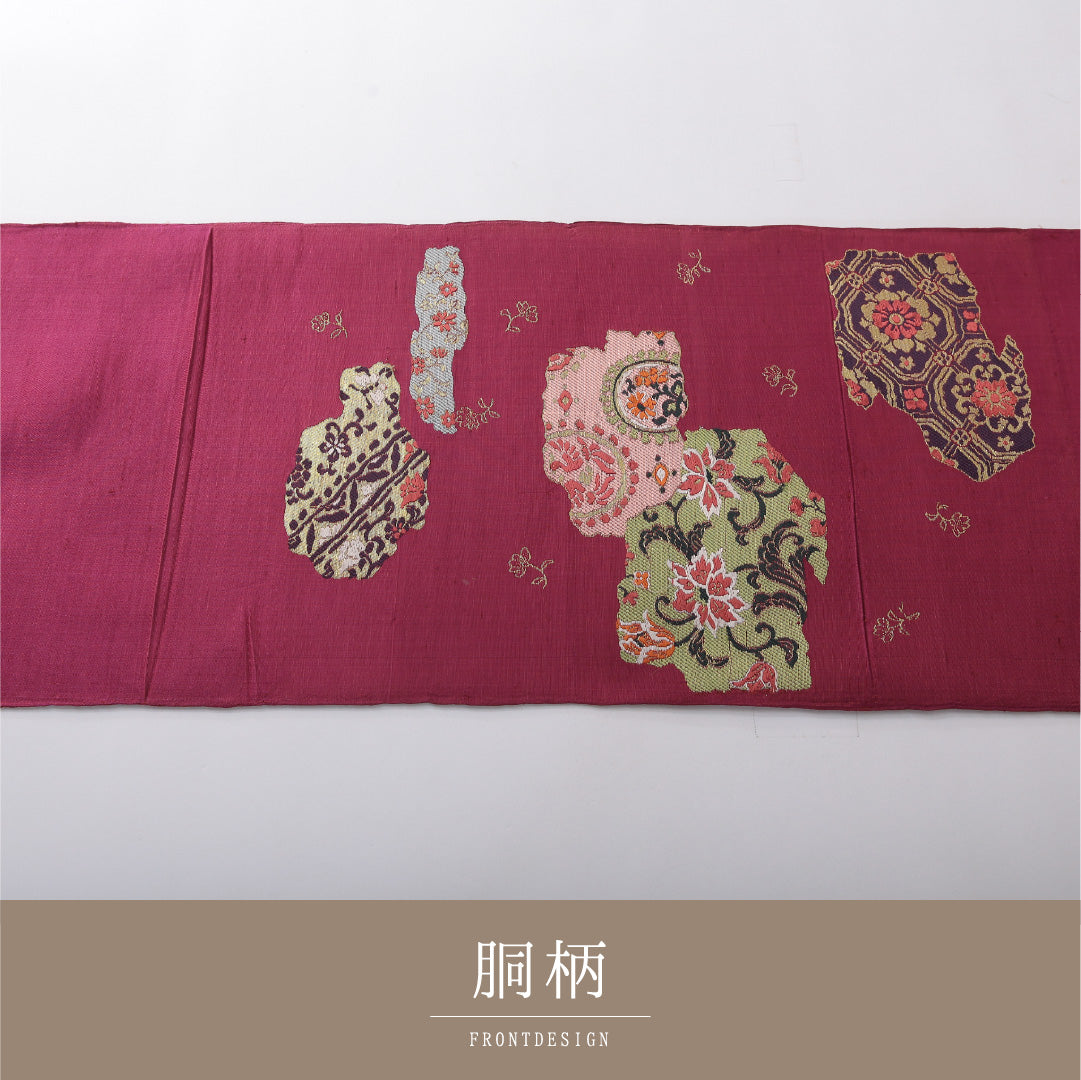 アンティーク 九寸名古屋帯 帯丈352cm 開き仕立て ポイント柄 Cランク 正絹 菊 紫系 赤系 1224-03812