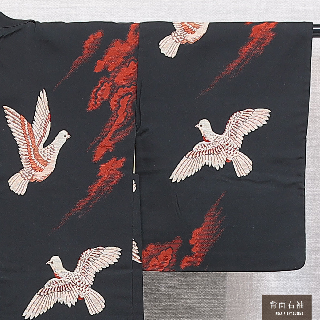 アンティーク 羽織 袷 身丈82cm 裄丈62cm 正絹 Cランク Sサイズ 紐あり 鳩 黒系 RP 1232-16447