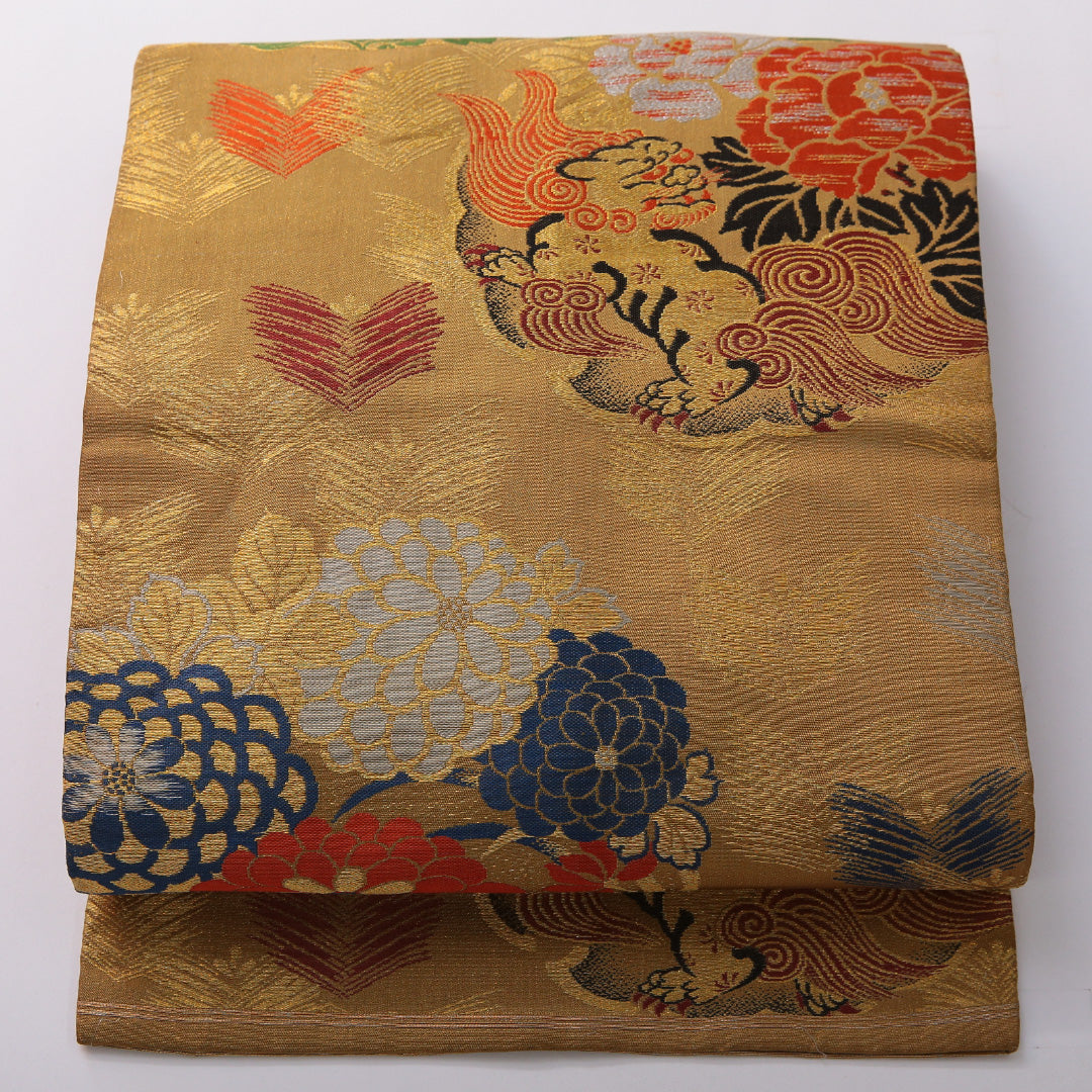 アンティーク 九寸名古屋帯 帯丈349cm セミフォーマル 名古屋仕立て 六通 Aランク 正絹 菊 黄系 1224-03624