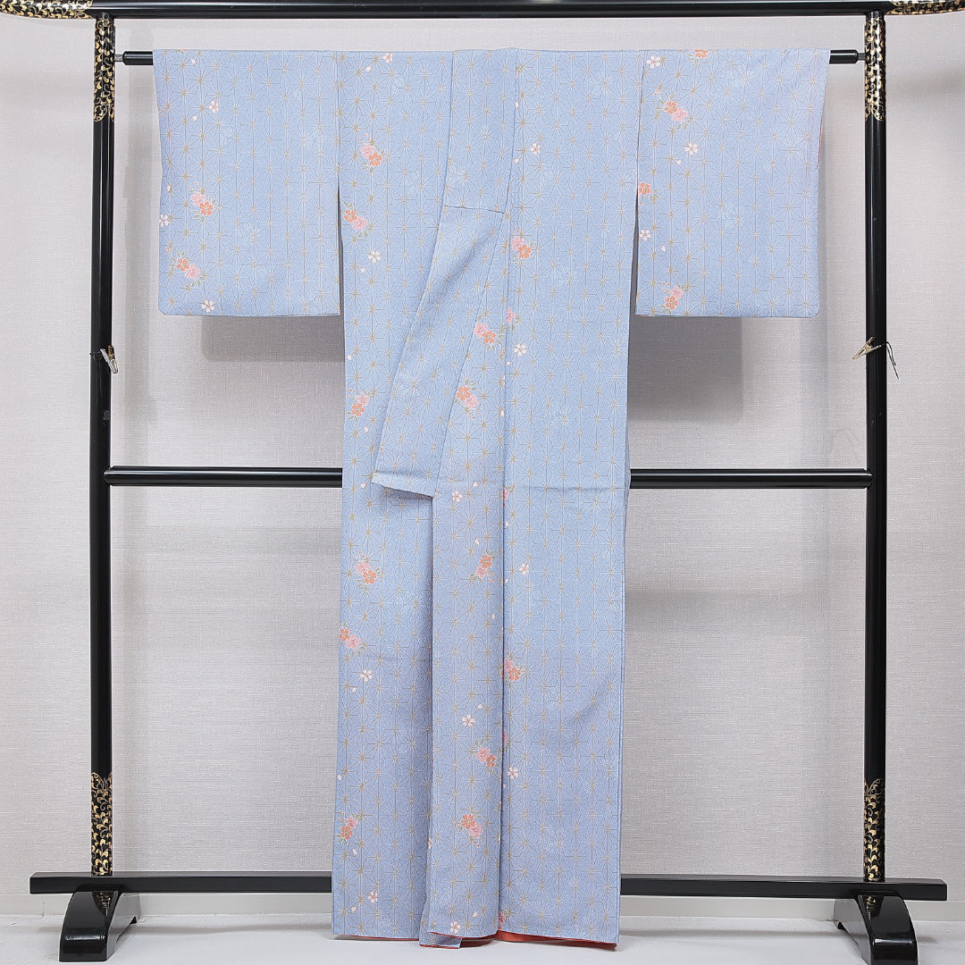 小紋 洗える着物 袷 身丈161cm 裄丈64cm ポリエステル Sランク Lサイズ 広衿 インフォーマル 麻の葉 桜 水色系 1215-15811