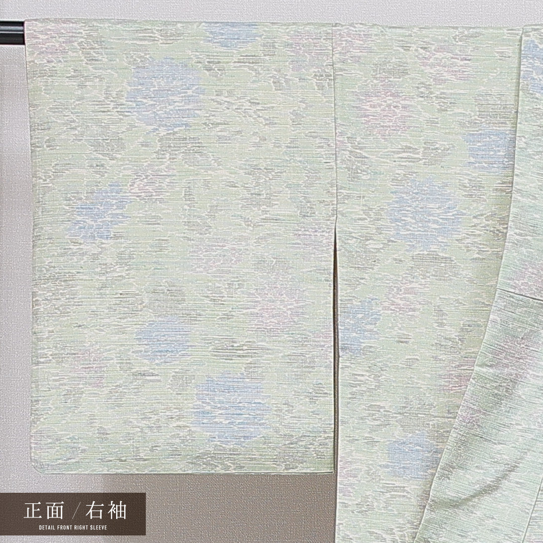 紬 袷 身丈151cm 裄丈63cm 正絹 Cランク カジュアル 広衿 Sサイズ 牡丹 緑系 HP 1223-16641