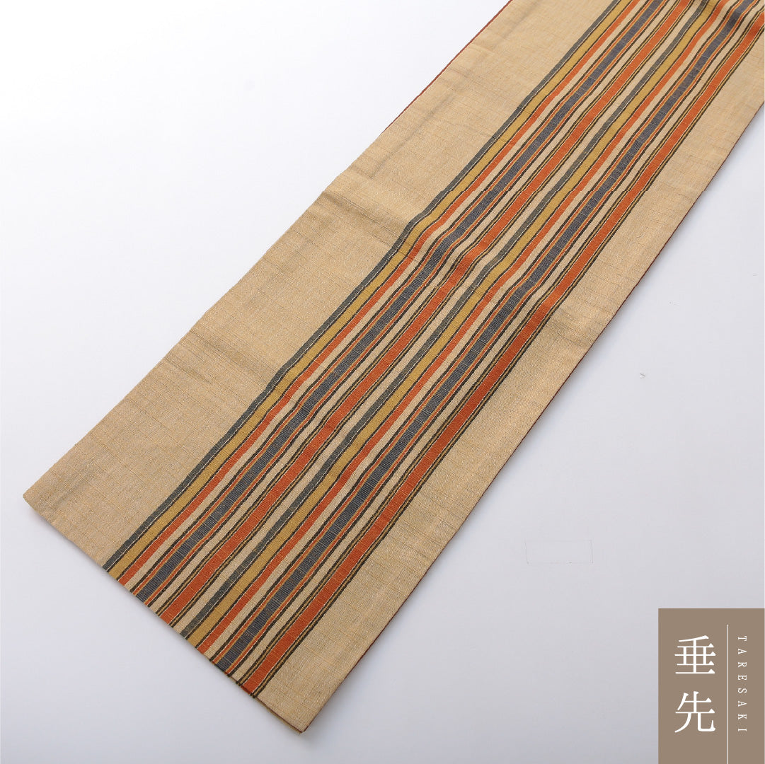九寸名古屋帯 Sランク 帯丈352cm 正絹 全通 開き仕立て 織り カジュアル 紬 縞 ベージュ系 RP 1245-03706