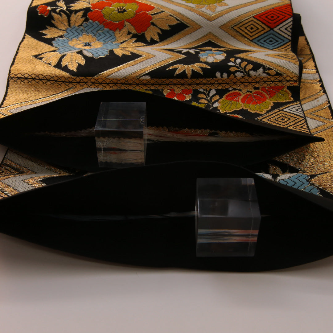 袋帯 帯丈412cm フォーマル 六通 未仕立て 帯芯なし Bランク 正絹 吉祥文様 松皮菱 黒系 金系 1223-01892