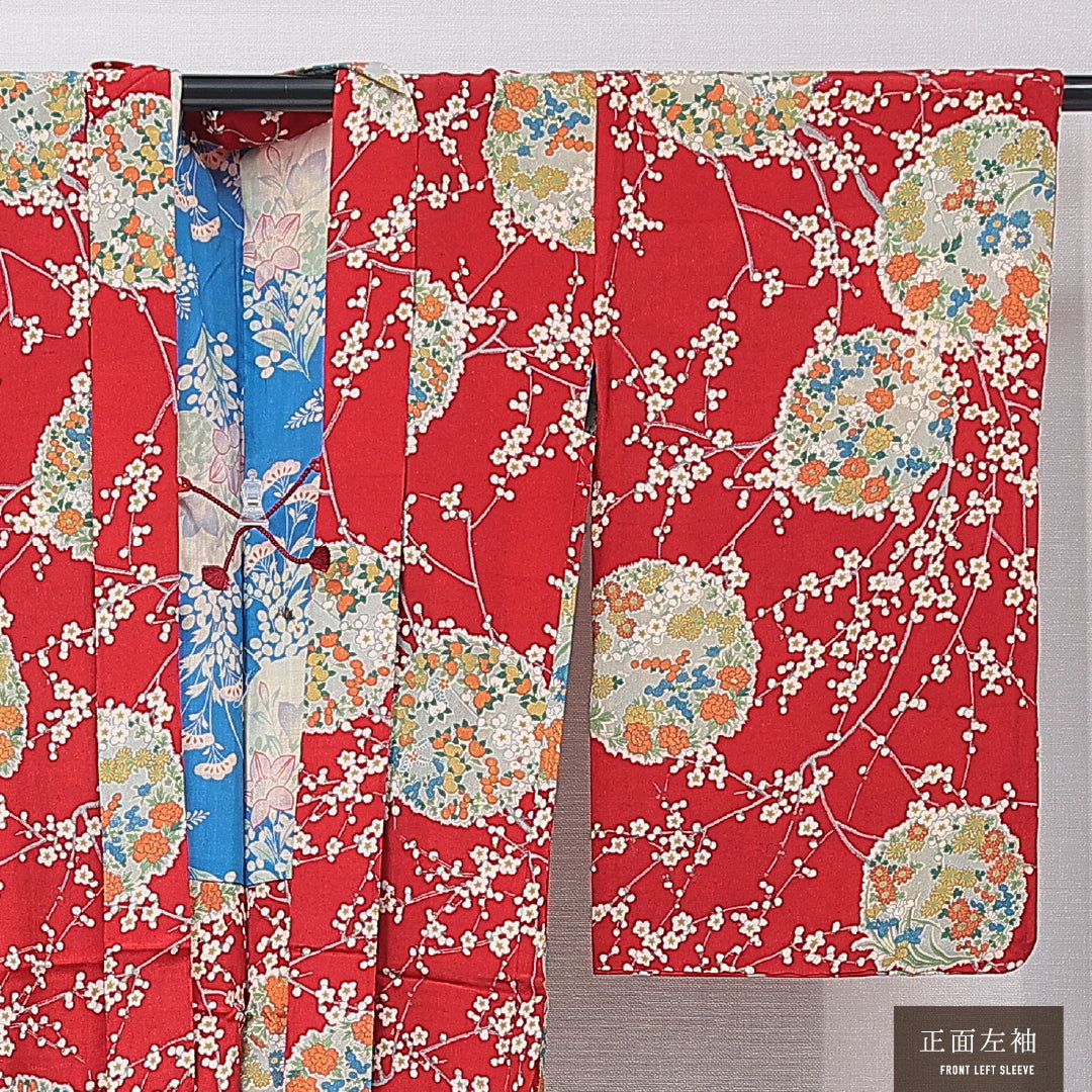 アンティーク 羽織 袷 身丈93cm 裄丈62cm 正絹 Aランク Sサイズ 紐あり 梅 赤系 M4 1232-16776