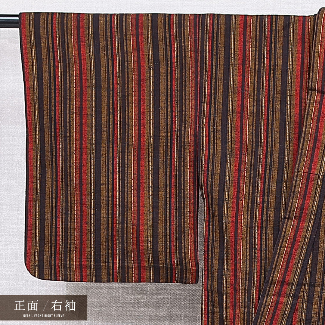紬 単衣 身丈154cm 裄丈62cm 正絹 Sランク カジュアル バチ衿 Sサイズ 居敷当て 肩当て 縞 茶系 RP 1223-15539