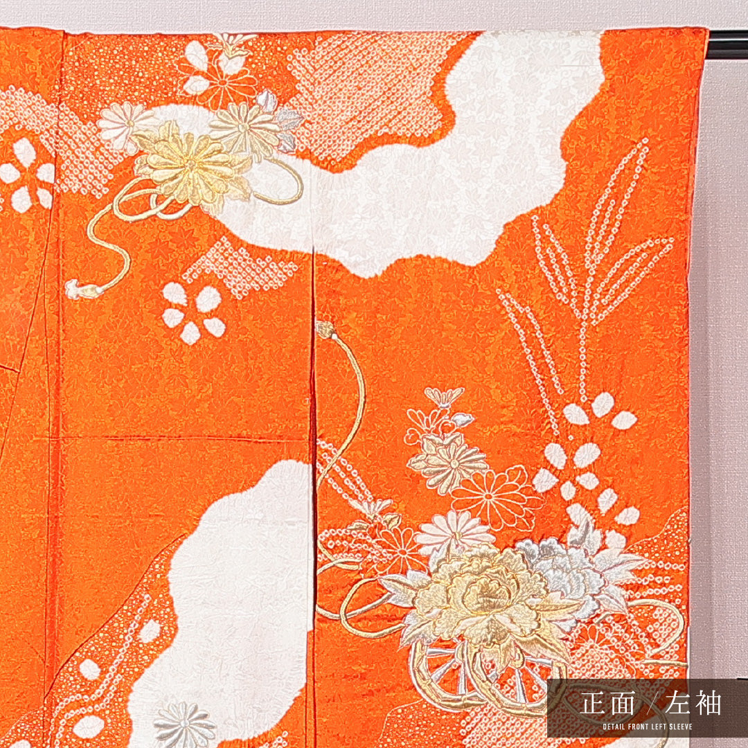 振袖 袷 身丈154cm 裄丈63cm フォーマル Cランク Sサイズ 正絹 広衿 牡丹 刺繍 金駒刺繍 1213-F0678