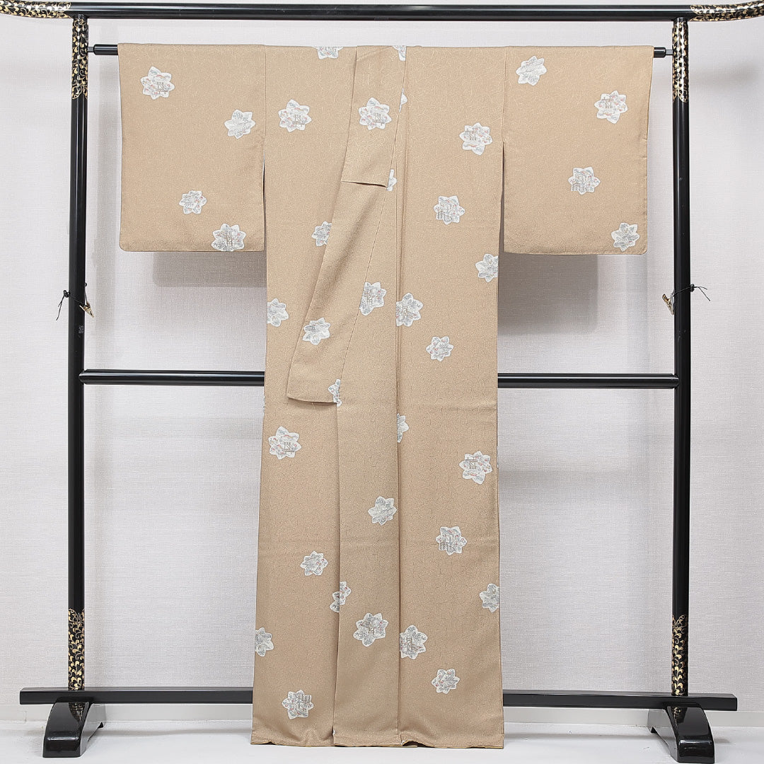 洗える着物 小紋 袷 身丈164cm 裄丈66cm ポリエステル Sランク インフォーマル 広衿 Lサイズ 花柄 黄系 RP 1221-15545