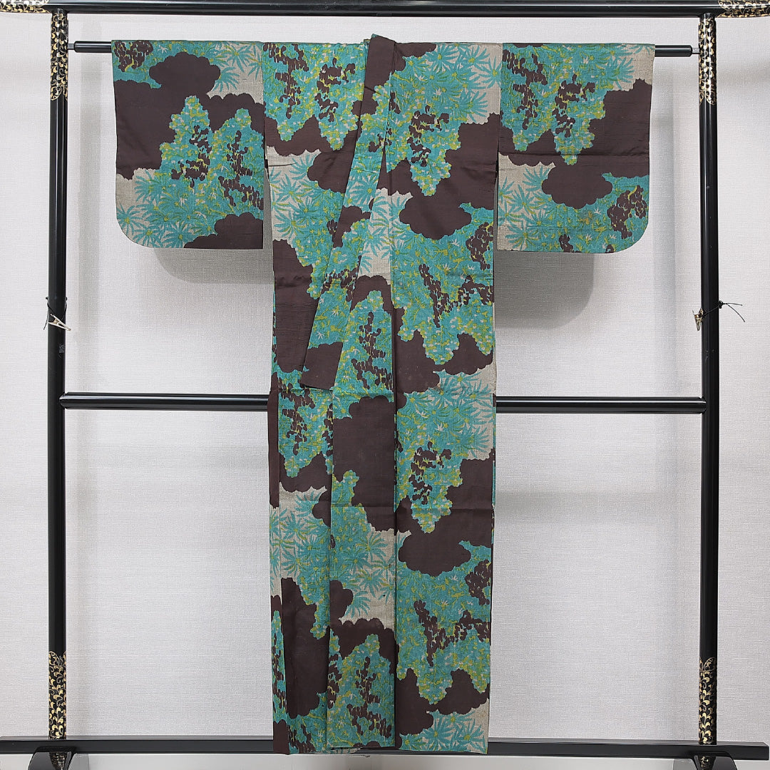 アンティーク 紬 単衣 身丈154cm 裄丈64cm 正絹 Cランク Sサイズ バチ衿 居敷当て 肩当て 創作柄 茶系 1216-15662