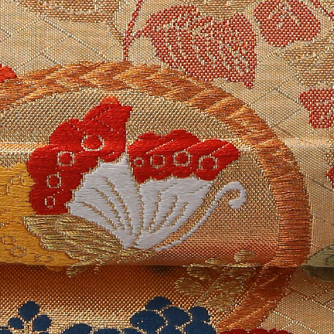 袋帯 帯丈442cm 正絹 六通 フォーマル 蝶 笠松 丸文 落款 金系 1243-02002