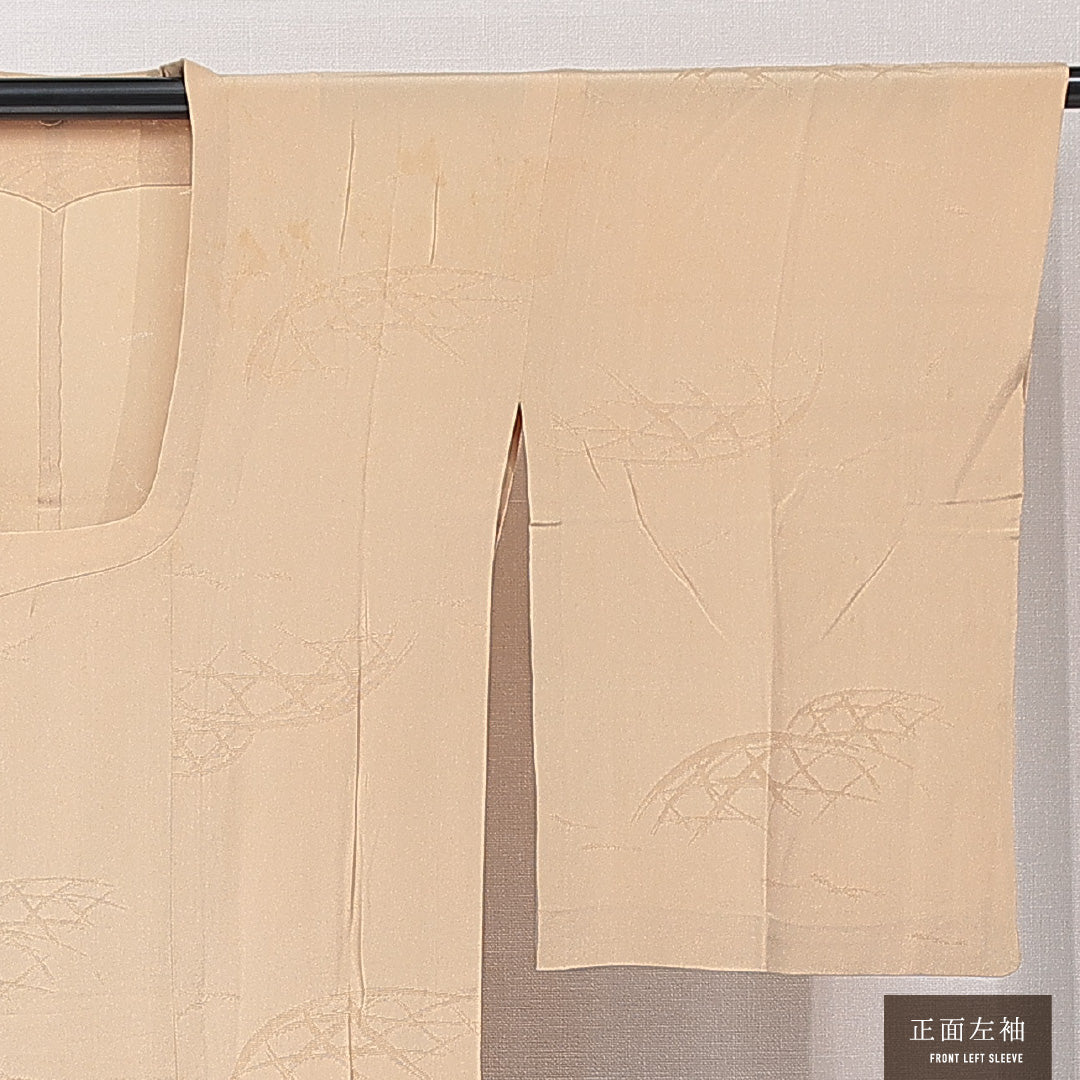 道行コート 単衣 身丈101cm 裄丈61cm 正絹 Aランク セミフォーマル Sサイズ 織り出し ポケットあり 籠目 ベージュ系 RP 1237-15182