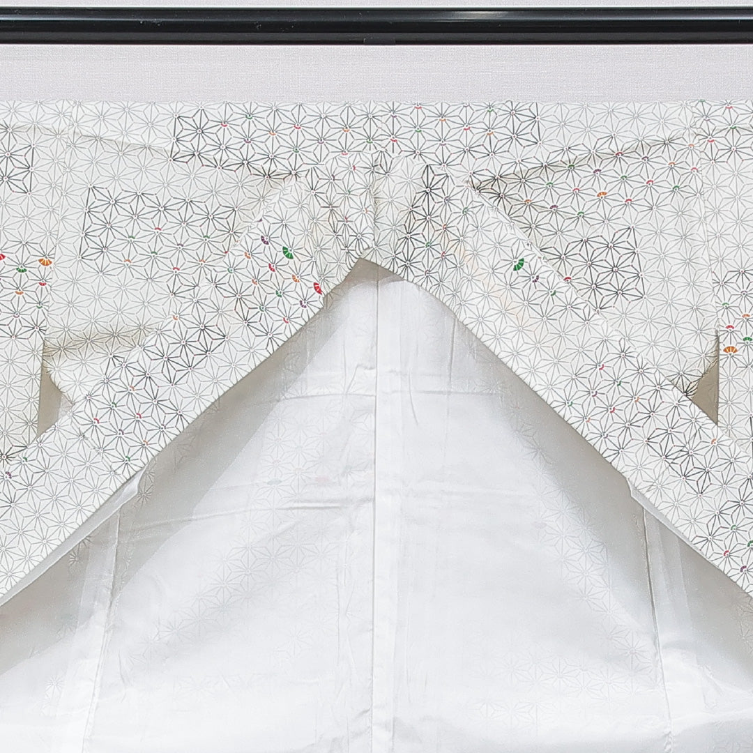 小紋 洗える着物 袷 身丈162cm 裄丈63cm ポリエステル Bランク Lサイズ 広衿 インフォーマル 麻の葉 白系 1215-15798