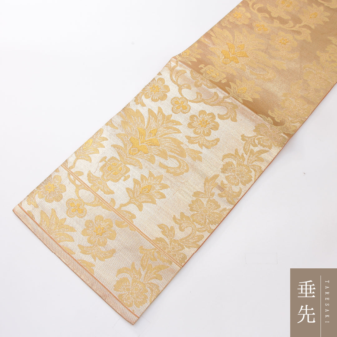 九寸名古屋帯 Aランク 帯丈338cm 正絹 六通 名古屋仕立て 織り セミフォーマル 唐草華文 金系 RP 1245-04104