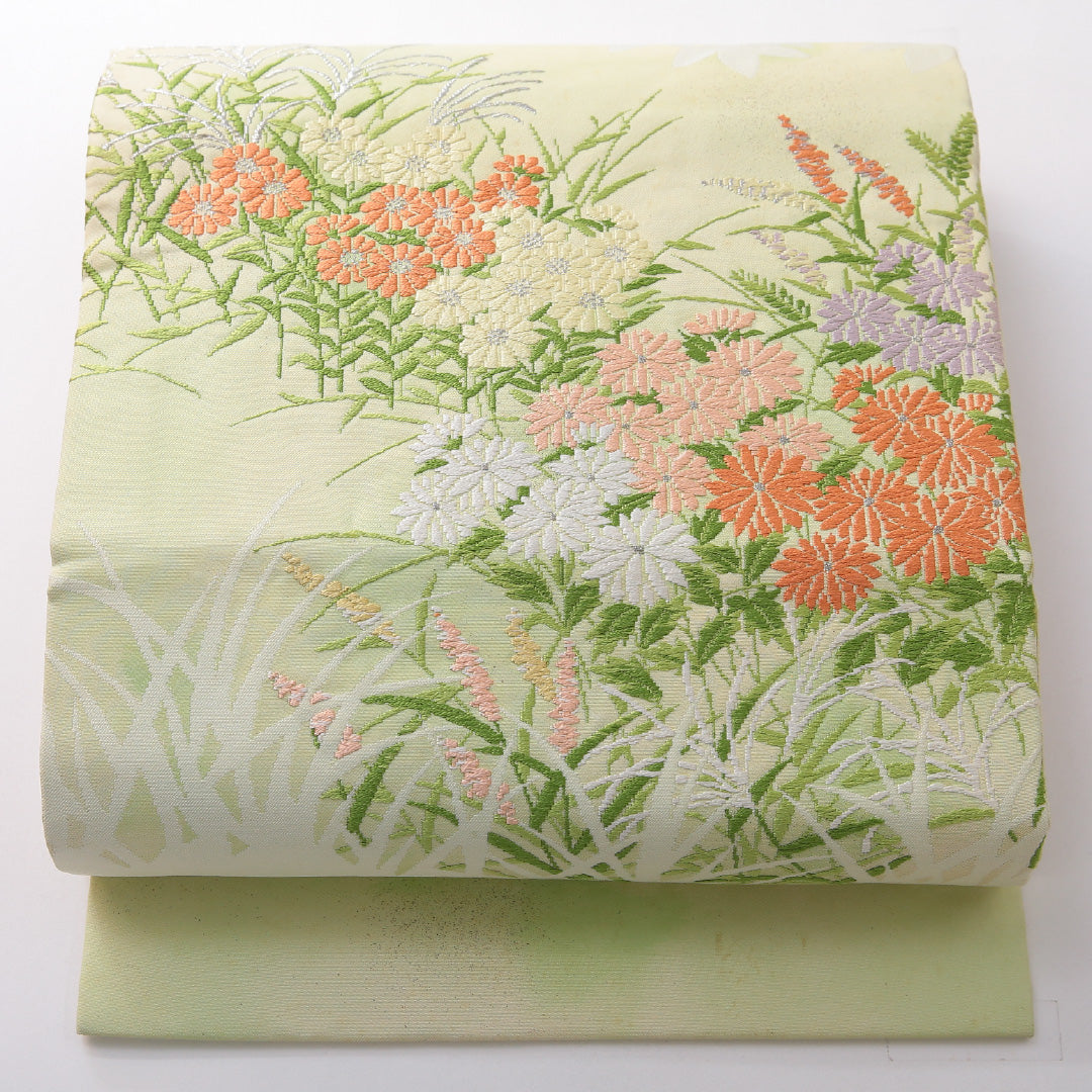 九寸名古屋帯 帯丈344cm カジュアル 名古屋仕立て ポイント柄 Cランク 正絹 菊 緑系 1224-03766