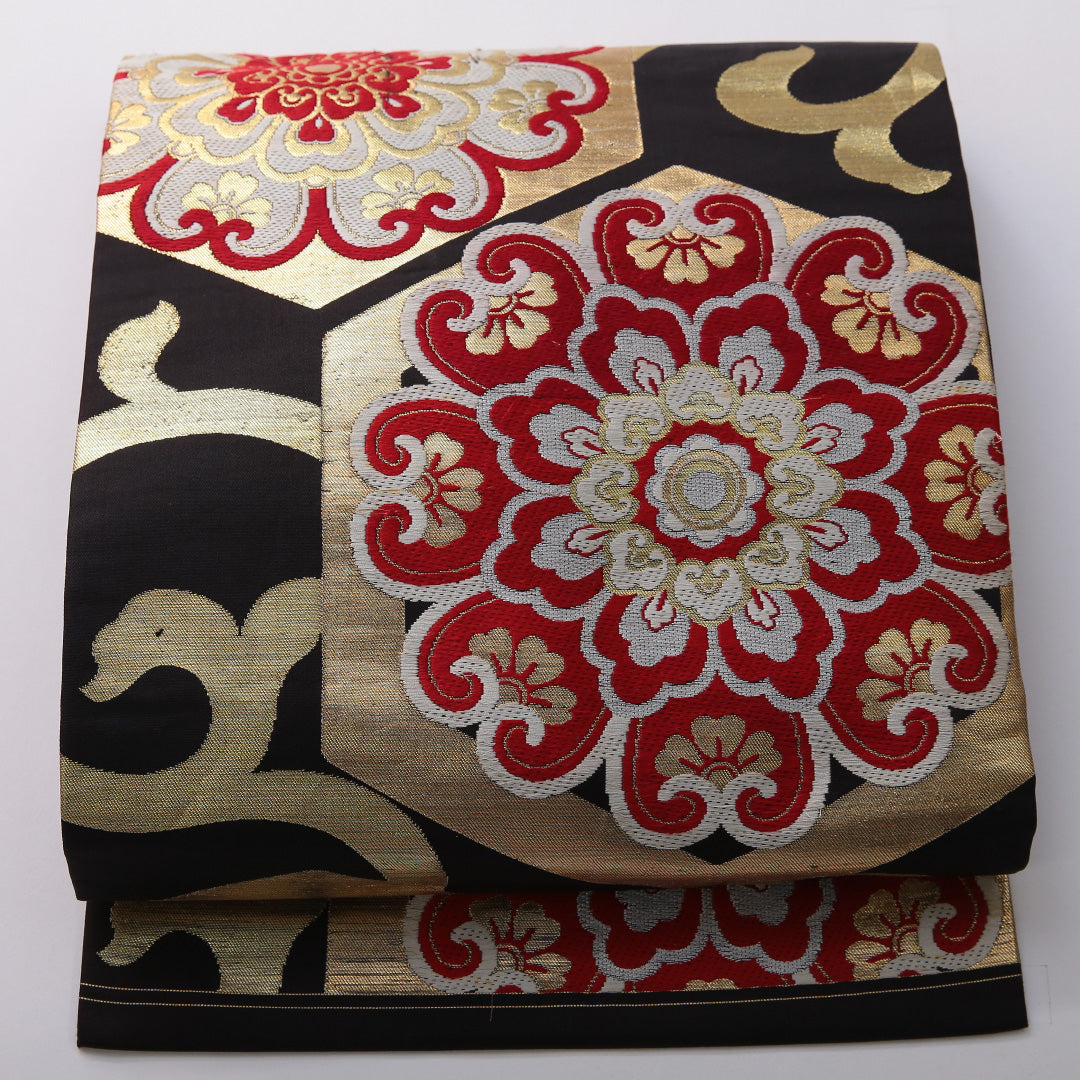 アンティーク 九寸名古屋帯 帯丈332cm セミフォーマル 名古屋仕立て 六通 Bランク 正絹 唐草 亀甲 黒系 1224-03543