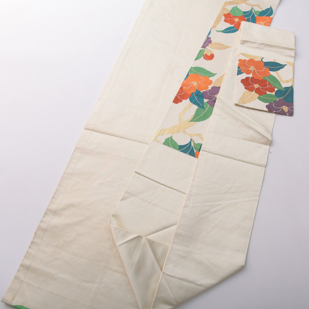 九寸名古屋帯 帯丈355cm カジュアル 名古屋仕立て 六通 Cランク 正絹 花柄 クリーム系 1224-03545