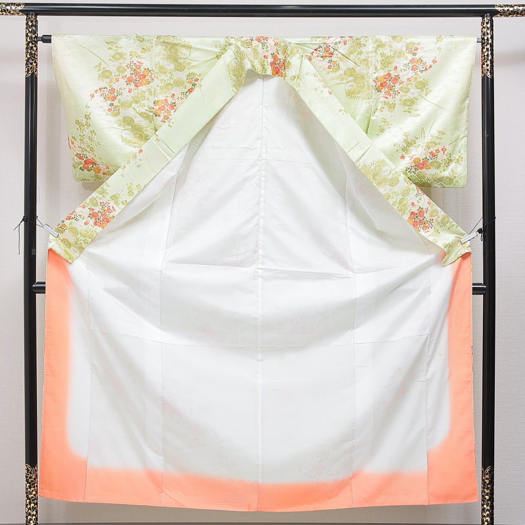 小紋 洗える着物 袷 身丈157cm 裄丈66cm ポリエステル Cランク Mサイズ 広衿 インフォーマル 光悦垣 菊 緑系 1215-16385